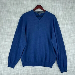 davis & squire Mens Size XL merino wool V-neck sweater blue 0870